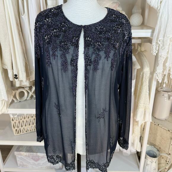 JMD New York Plus sz. 2X navy blue sheer beaded jacket mother of the bride #4164 - Picture 1 of 10